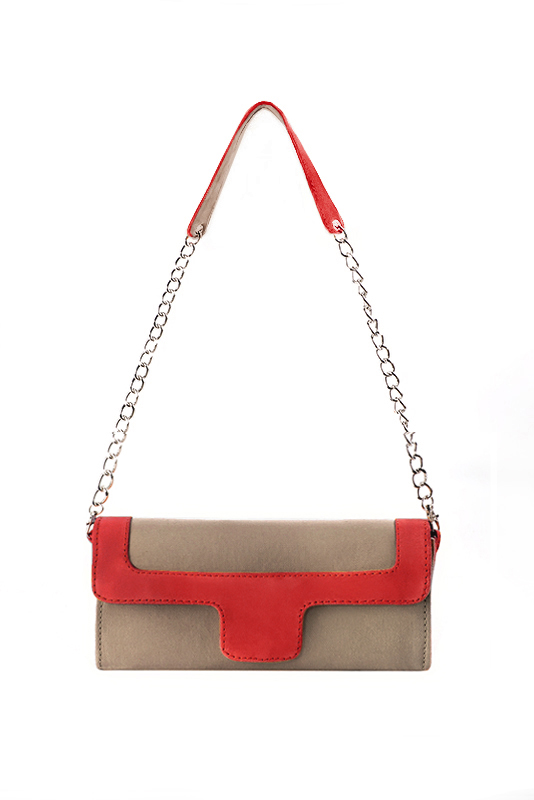 Women's tan beige and scarlet red luxurious elegant clutch for ceremonies, weddings and evenings out. - Top view
